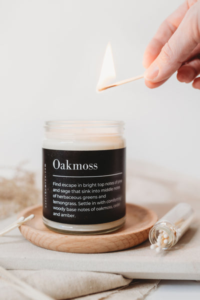 Toxin-free fall Oakmoss candle by Oates Home Co, paraben, paraffin, and phathalate free