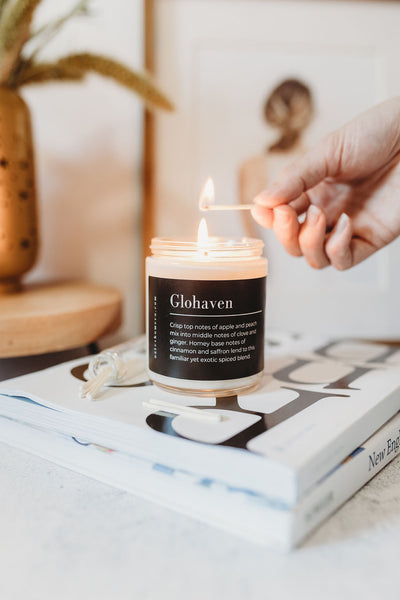 Toxin-free fall Glohaven candle by Oates Home Co, paraben, paraffin, and phathalate free