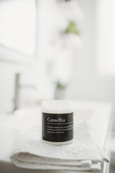 Toxin-free fall Camellia candle by Oates Home Co, paraben, paraffin, and phathalate free